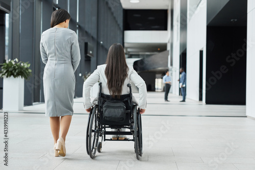 Full length back view at young businesswoman in wheelchair talking to female colleague in office lobby, copy space