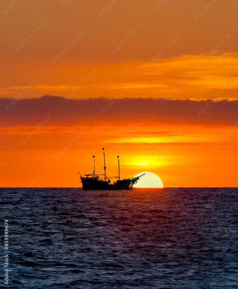 Sunset Pirate Ship Ocean Fantasy