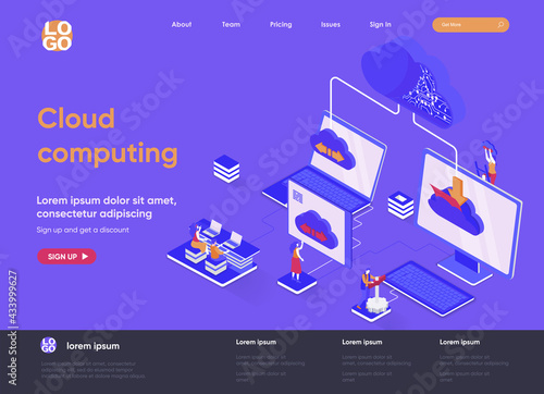 Cloud computing isometric landing page. Hosting platform, big data processing, cloud database administration isometry web page. Website flat template, vector illustration with people characters.