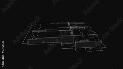 Beautiful Abstract 3d Blueprint of Building Apartments Turning on black Background. Construction Business Concept