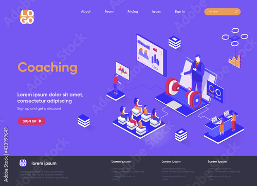 Coaching isometric landing page. Business consultation and assistance, career growth, motivation and mentoring isometry web page. Website flat template, vector illustration with people characters.