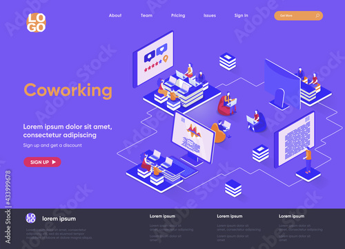 Coworking space isometric landing page. Freelancers working with laptops, business team together in coworking area isometry web page. Website flat template, vector illustration with people characters.