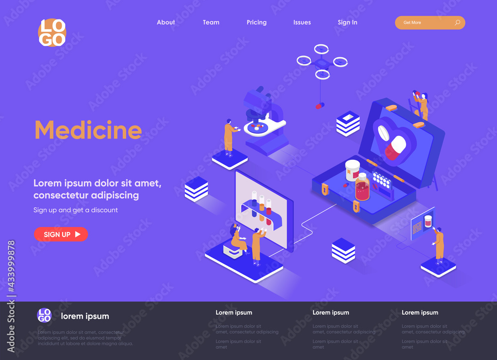 Naklejka premium Medicine isometric landing page. Modern diagnostics and treatment in clinic, laboratory examination and health care isometry web page. Website flat template, vector illustration with people characters