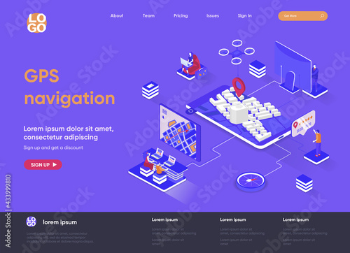 GPS navigation isometric landing page. Geolocation and navigation system, world orientation, route and direction isometry web page. Website flat template, vector illustration with people characters.
