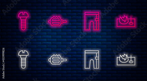 Set line Bicycle pedal, Cycling shorts, Metallic screw and on street ramp. Glowing neon icon on brick wall. Vector