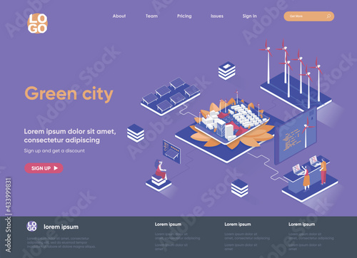 Green city isometric landing page. Ecology conservation and safety, renewable resources end green energy technology isometry web page. Website flat template, vector illustration with people characters