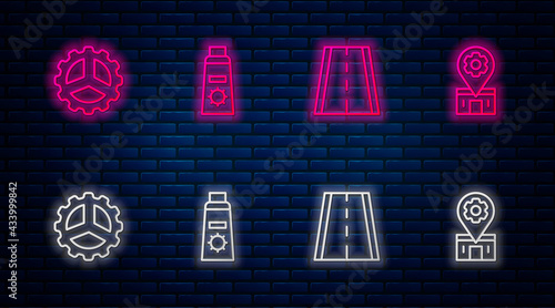Set line Sunscreen cream in tube, Bicycle lane, sprocket crank and repair service. Glowing neon icon on brick wall. Vector