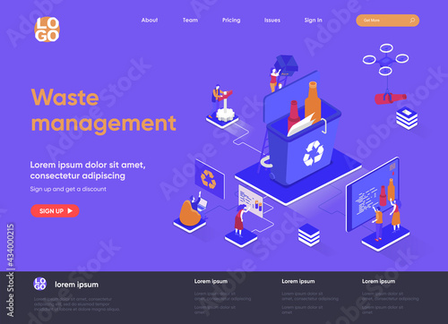 Waste management isometric landing page. Control and management of garbage utilization, waste collection and sorting isometry web page. Website flat vector illustration with people characters.