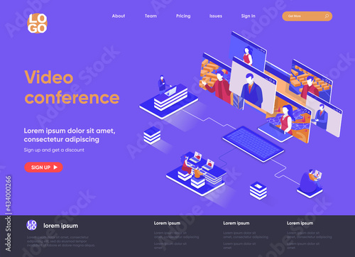 Video conference isometric landing page. Online visual communication of team members, teleconference and video call isometry web page. Website flat template, vector illustration with people characters