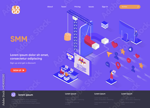 SMM isometric landing page. Digital marketing campaign, announcement and promotion isometry web page. Attraction of new clients website flat template. Vector illustration with people characters.