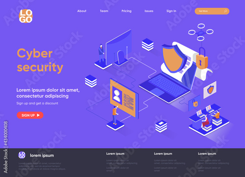 Cyber security isometric landing page. Internet privacy, password access, firewall software and identification isometry web page. Website flat template, vector illustration with people characters.