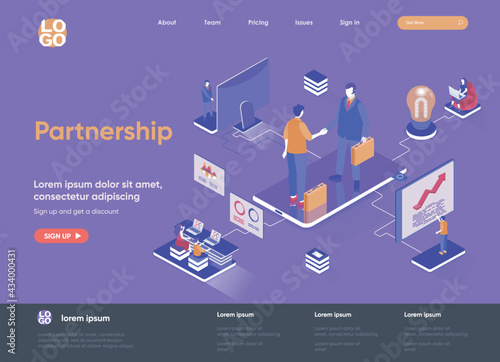 Partnership isometric landing page. Business collaboration, partners agreement, effective teamwork and communication isometry web page. Website flat vector illustration with people characters.