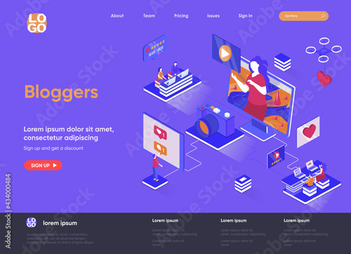 Bloggers isometric landing page. Video content production for social media, article posting and online streaming isometry web page. Website flat template, vector illustration with people characters.