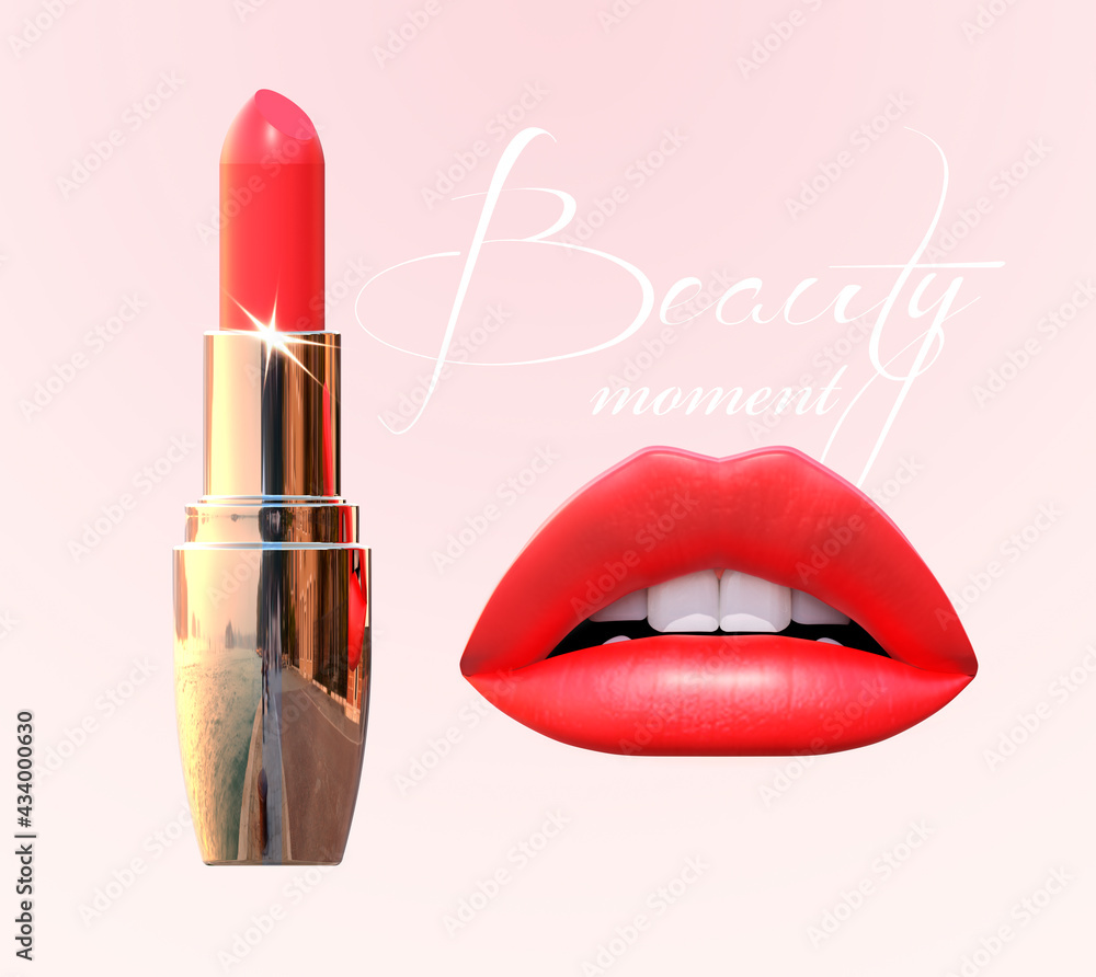 Obraz premium Lips and lipstick of red color isolated on pink background