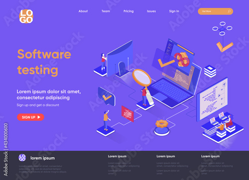 Software testing isometric landing page. Software testing and quality assurance, search of bugs and analysis process isometry web page. Website template, vector illustration with people characters.