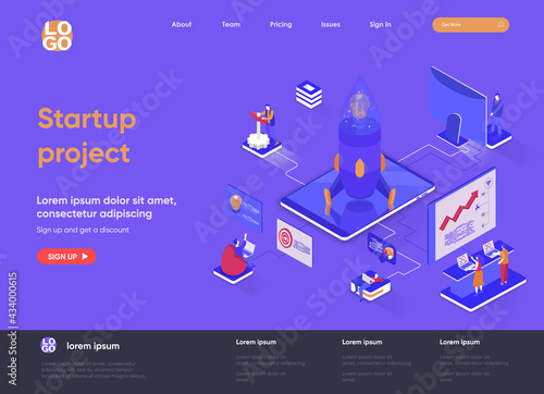 Startup project isometric landing page. Team of startup founders launching new project isometry web page. Innovation solution development website template, vector illustration with people characters.