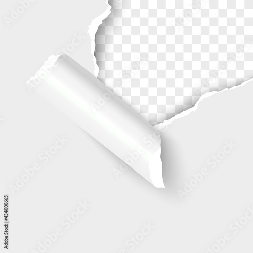 Piece of white paper with torn hole edge over transparent background realistic vector template for your design