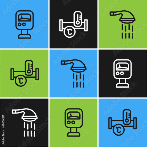 Set line Pressure water meter, Shower and Industry metallic pipe icon. Vector