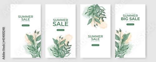 Vector set of social media stories design templates, backgrounds with copy space for text - green floral summer backgrounds for banner, greeting card, poster and advertising