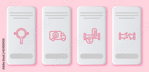 Set line Filter wrench, Plumber service car, Industry metallic pipe and Broken. White rectangle button. Vector