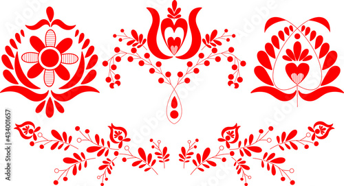 Beautiful hungarian embroidery motives in red color. Vector illustration of traditional handmade art from Kalotaszeg village. Decorative flower pattern design