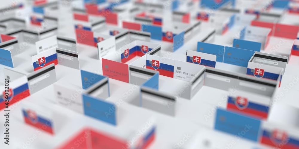 Fictional credit card maze with flag of Slovakia. Financial difficulties related 3D rendering Fictional credit card maze with flag of Slovakia. Financial difficulties related 3D rendering