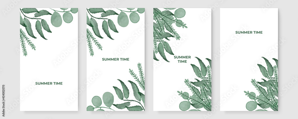 Fototapeta Summer stories concept for social media with floral. Bright summer banner set with palm branch, tropical leaves. Story concept. Product catalog, discount voucher, advertising.