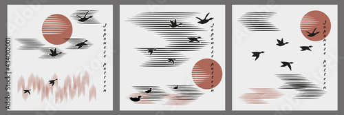 Trendy minimalist Japanese style illustrations set. Flock of birds, ducks, geese flies into bright sun, unity of water, air, nature. Vector illustration, hieroglyphs of birds.