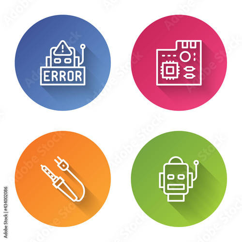 Set line Error in robot, Motherboard digital chip, Soldering iron and Robot. Color circle button. Vector