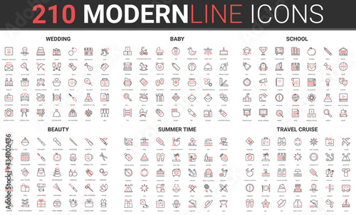 Wedding bridal ceremony, beauty fashion thin red black line icon vector illustration set. Linear symbol collection for infant baby care, school education, summer sea beach vacation, travel cruise