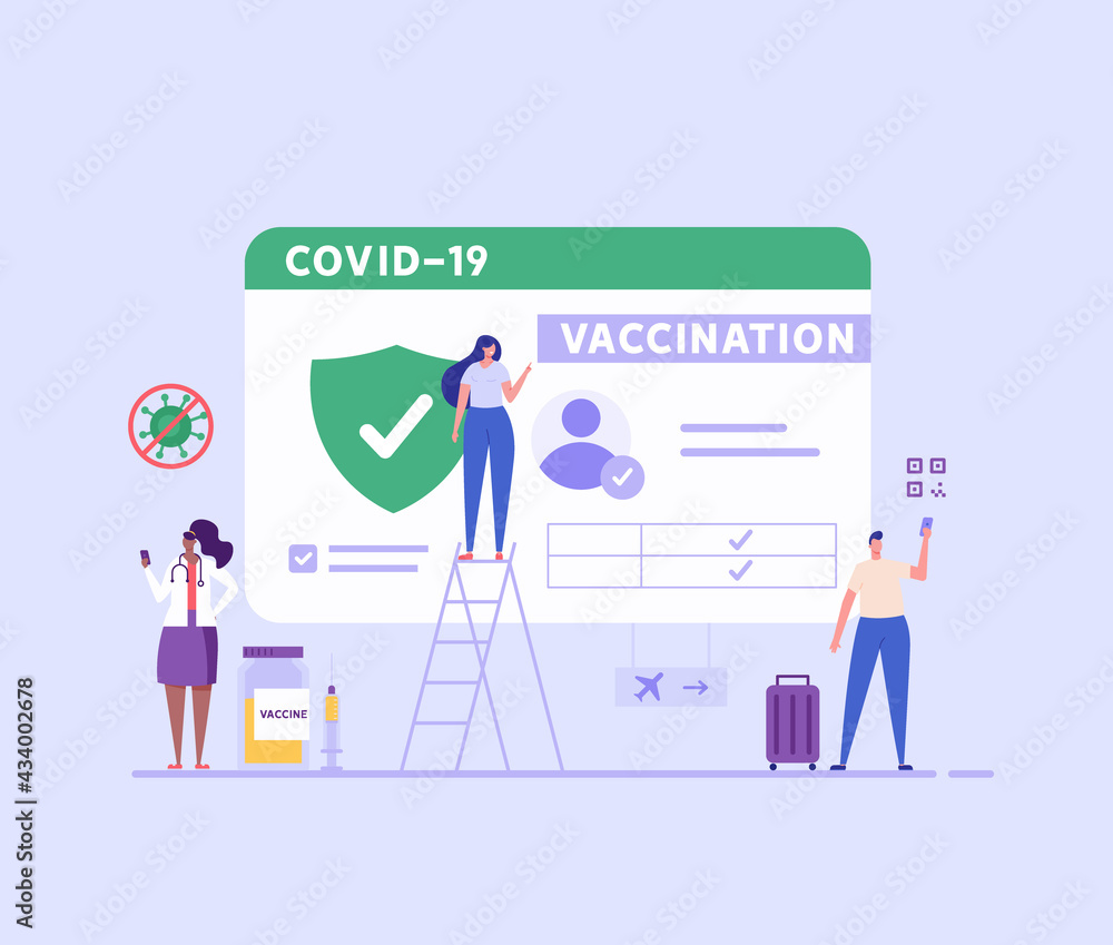 People using health passport of vaccination for covid-19. Safe travel in pandemic. Concept of vaccination certificate, coronavirus vaccine, covid-19 id card app. Vector illustration for web design