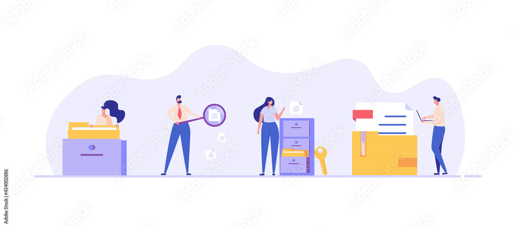 People standing next to a file storage box. Concept of document archive, data storage, safe storage, file archiving and organization, digital database. Vector illustration in flat design - obrazy, fototapety, plakaty 