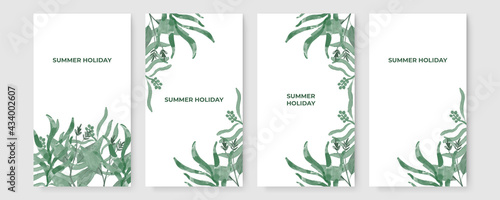 Fototapeta Naklejka Na Ścianę i Meble -  Summer stories concept for social media with floral. Bright summer banner set with palm branch, tropical leaves. Story concept. Product catalog, discount voucher, advertising.