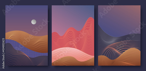 Abstract contemporary aesthetic night landscape with moon vector illustration set. Trendy wall decoration, luxury art deco wallpaper design with moon cycle, gold wavy line and curve wave shape