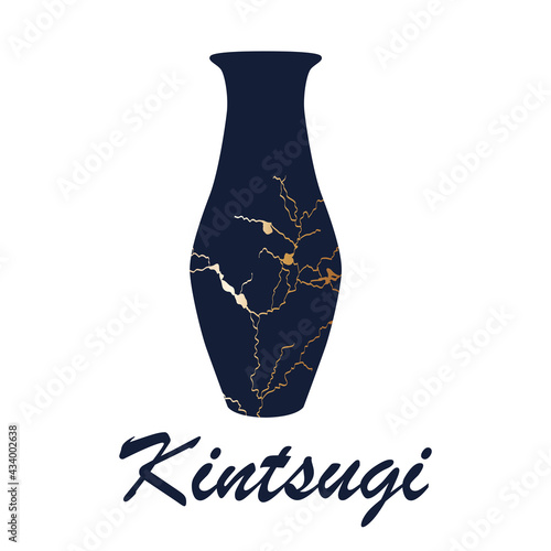 Renovated kintsugi japanese vase art color sketch engraving illustration. Kintsugi inscription