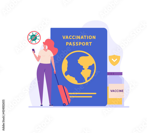 Woman using health passport of vaccination for covid-19. Safe travel in pandemic. Concept of vaccination certificate, coronavirus vaccine, covid-19 id card app. Vector illustration for web design