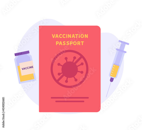 Health passport of vaccination for covid-19 icon. Safe travel in pandemic. Concept of vaccination certificate, coronavirus vaccine, covid-19 id card app. Vector illustration for web design