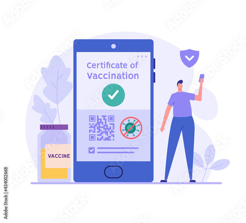 Man using health passport of vaccination for covid-19. Safe travel in pandemic. Concept of vaccination certificate, coronavirus vaccine, covid-19 id card app. Vector illustration for web design