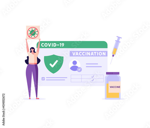 Woman using health passport of vaccination for covid-19. Safe travel in pandemic. Concept of vaccination certificate, coronavirus vaccine, covid-19 id card app. Vector illustration for web design