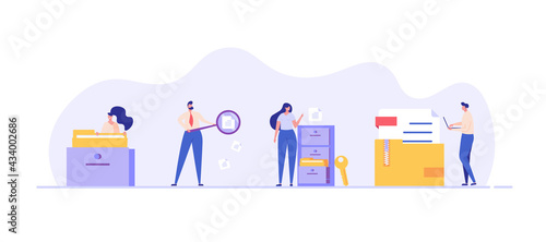 People standing next to a file storage box. Concept of document archive, data storage, safe storage, file archiving and organization, digital database. Vector illustration in flat design