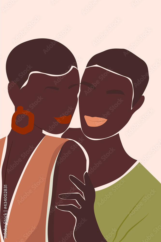 Abstract, modern, artistic, minimalistic portrait of a man and a woman. Contemporary poster. Dark-skinned male and female embrace. Vector graphics. Abstract, modern, artistic, minimalistic portrait of a man and a woman. Contemporary poster. Dark-skinned male and female embrace. Vector graphics.