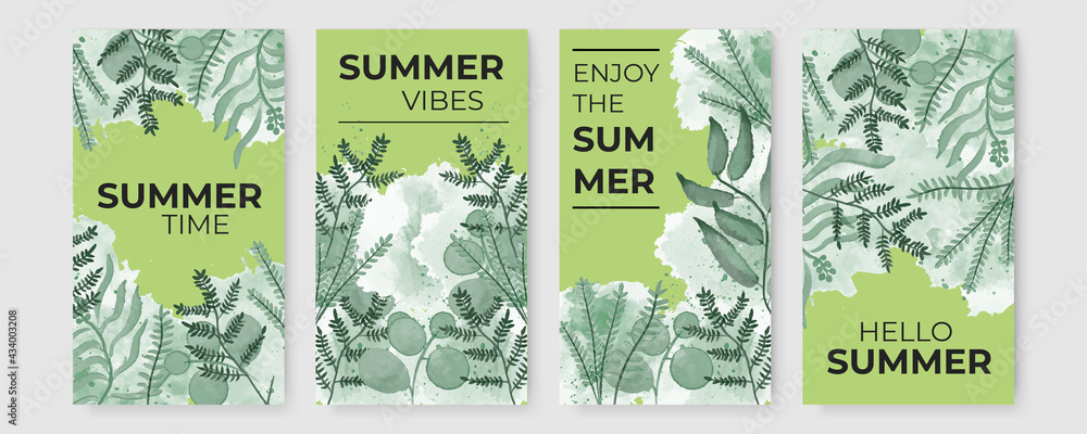 Summer stories concept for social media with floral. Bright summer banner set with palm branch, tropical leaves. Story concept. Product catalog, discount voucher, advertising.