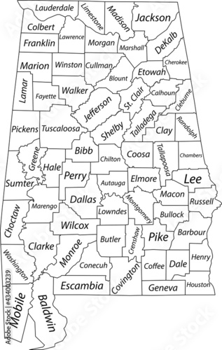 White blank vector map of the Federal State of Alabama, USA with black borders and names of its counties