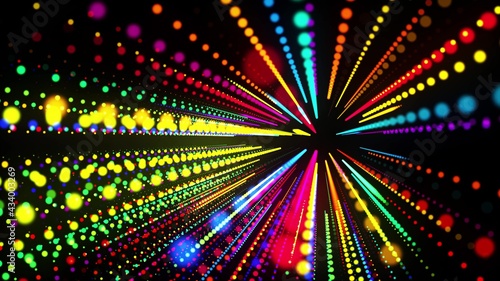 abstract 3d background with glowing particles lined up in rows in 3d space. Festive bg with multicolored particles. Motion design background. 3d render