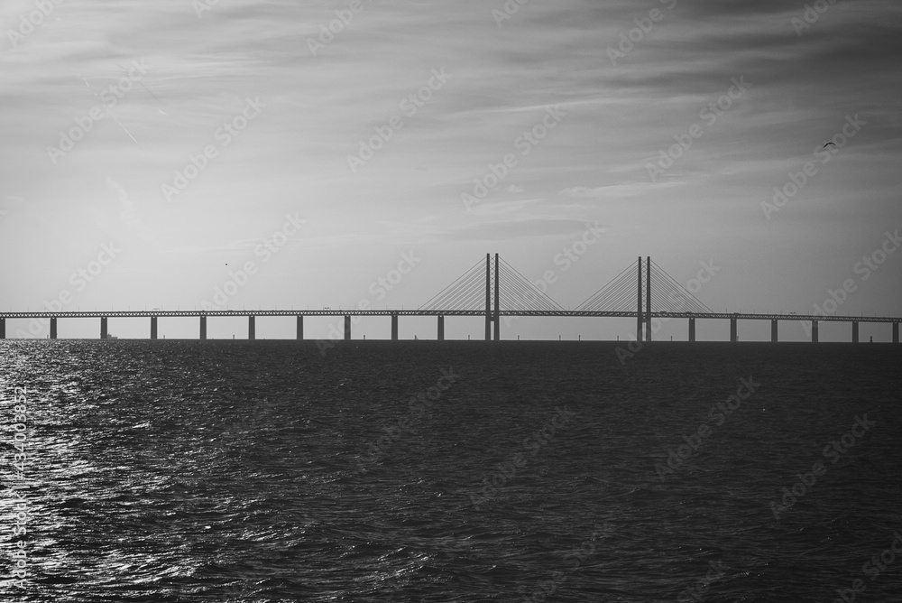 210501 Malmo Sweden - Black and white photo over Oresundsbron between Sweden and Denmark. High quality photo