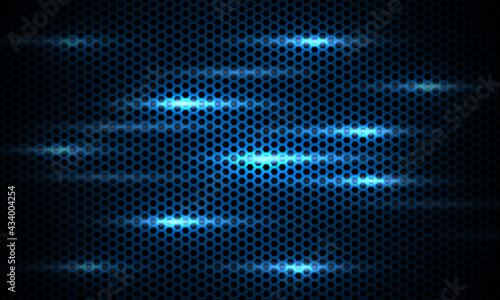 Dark blue background. Dark hexagon carbon fiber texture. Navy blue honeycomb metal texture steel background with bright flashes. Web design template vector illustration EPS 10.