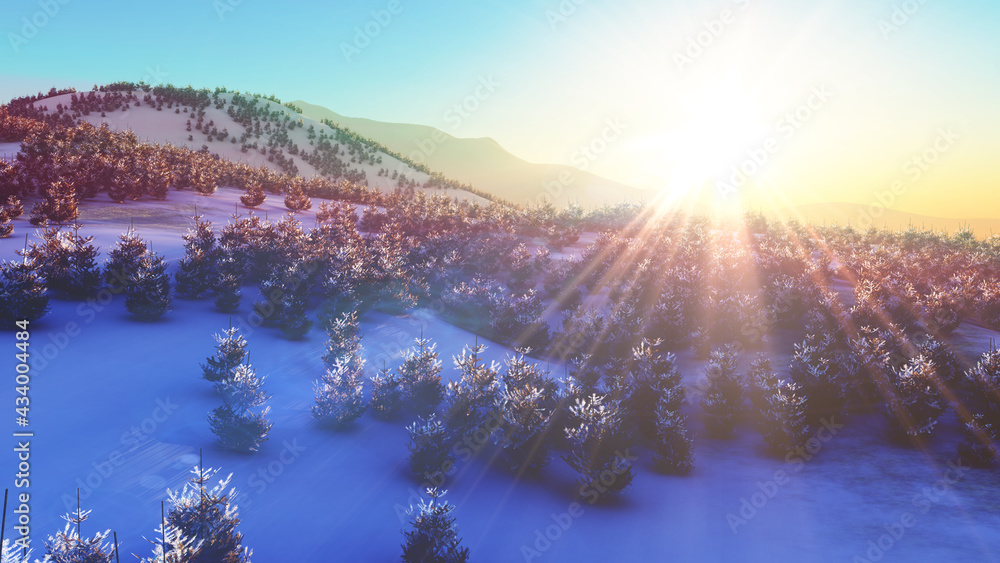 Obraz premium above winter forest mountain sunset