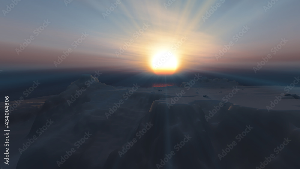 ice berg sunset in ocean 3d rendering