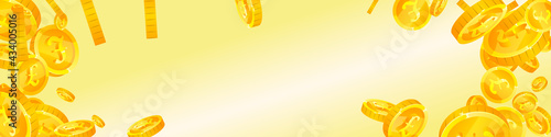 British pound coins falling. Curious scattered GBP coins. United Kingdom money. Rare jackpot, wealth or success concept. Vector illustration.