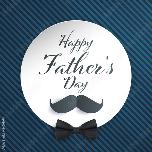 Card or banner on Happy Father's Day in gray with a mustache and bow tie underneath in a white circle on a light and dark blue striped background